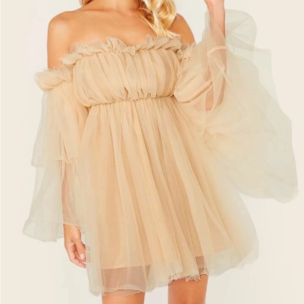 Off Shoulder Ruffle Mesh Dress- Apricot